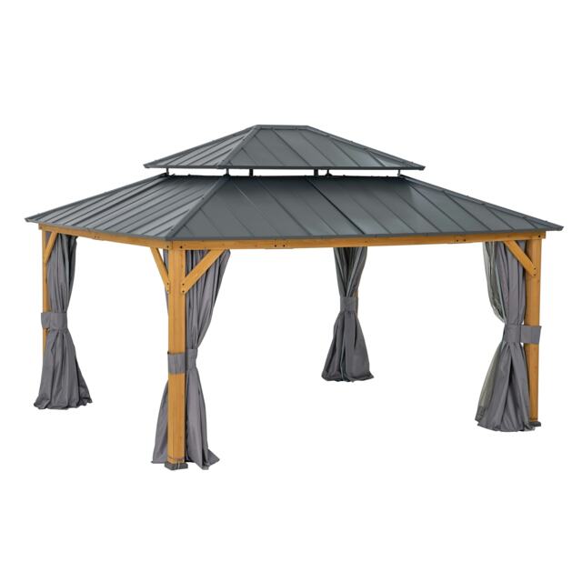 Sunjoy 3.9m x 4.5m Cedar Wooden Gazebo Trivor with Curtain and Netting, Anthracite