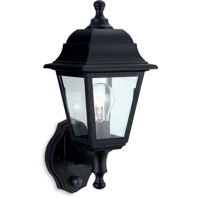 Oslo 1 Light Outdoor Wall Lantern - Uplight With Pir Black Resin IP44, E27
