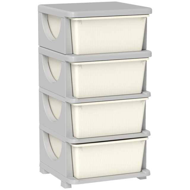 HOMCOM 4 Drawers Plastic Storage Units, 4 Tier Kids Storage Units, Children Toy Chest for Nursery, Playroom, Bedroom, Cream Cream Cream