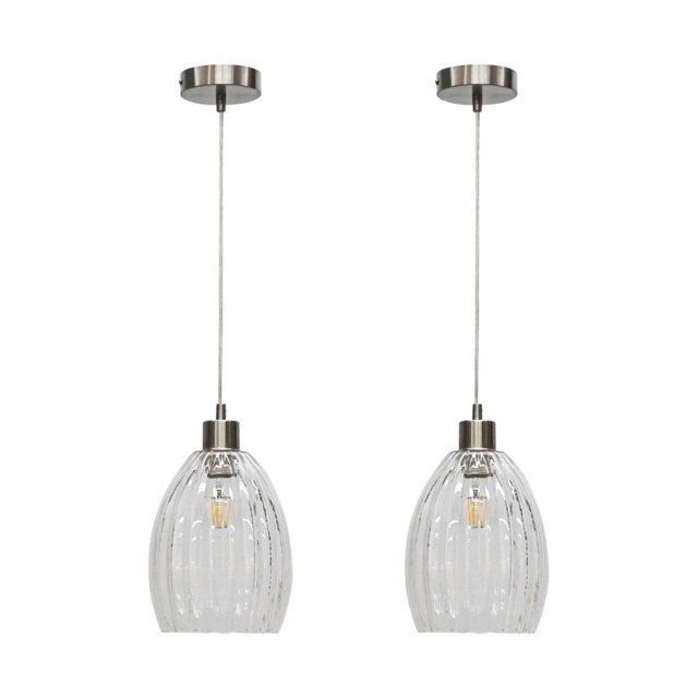 Set of 2 Birch - Clear Fluted Glass with Satin Nickel Pendant Fittings Clear Clear 2