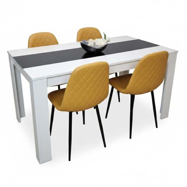 Wooden White Black Dining Table with 4 Mustard Stitched Faux Leather Chairs Set