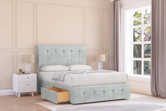 "Sloomy Cambridge Silver Naples Divan Bed With Mattress 4 Drawers With 26"" Strutted Headboard & 12"" Matching Footboard 6' Super King Silver Silver Super King 1"