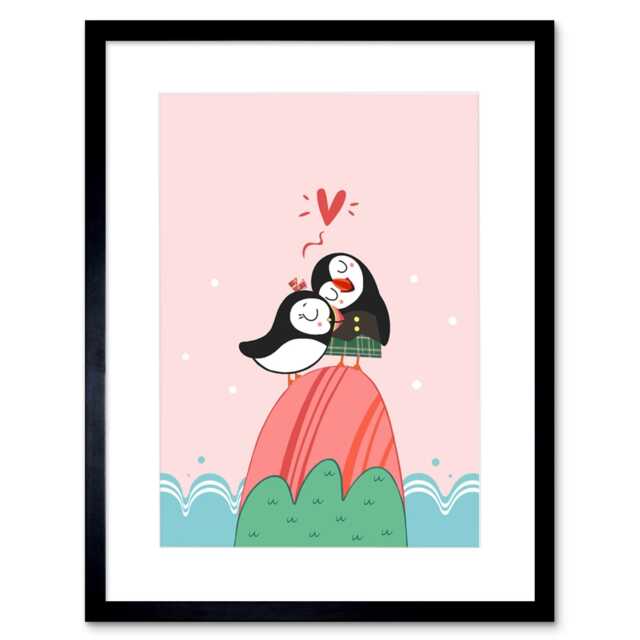"Puffins in Love Gorld Bedroom Cute 9x7"" Black Framed Wall Art Print"