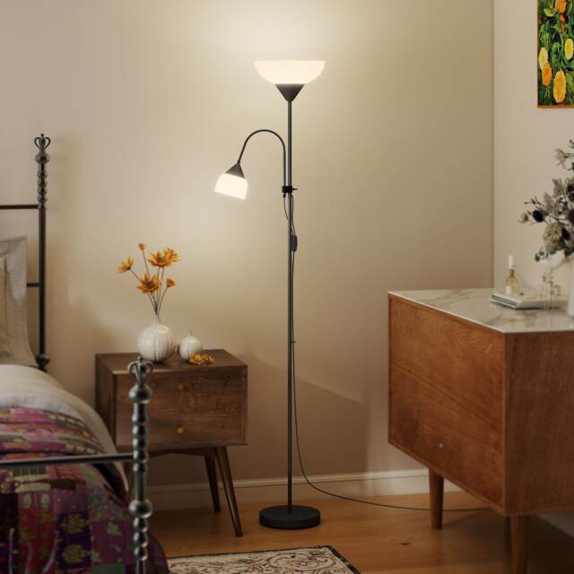 HOMCOM Mother-Child Floor Lamp Duo Light with 2 Switches and Round Base Black White