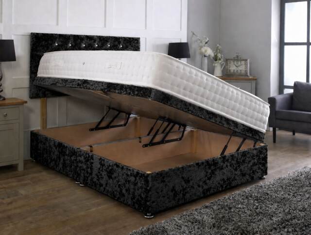 Side Lift Crushed Velvet Black Ottoman Bed Set 6ft Superking