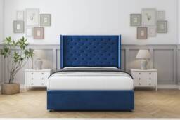 "Sloomy Dior Navy Plush Divan Bed With Mattress No Drawers With 54"" Wingback Headboard 5' King Blue Navy King 1"