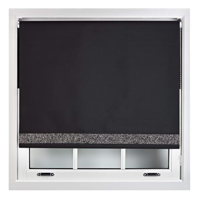 FURNISHED Thermal Blackout Roller Blinds with Glitter Edge - (W)90cm x (L)165cm Black Black 1 (W) 90cm x (L) 165cm