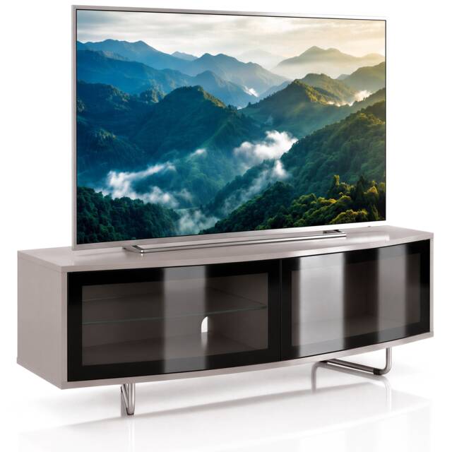 "Centurion Caru Gloss Black Greige Beam-Thru Remote Friendly Super-Contemporary ""D"" Shape Design 32""-65"" LED/OLED/LCD TV Cabinet"