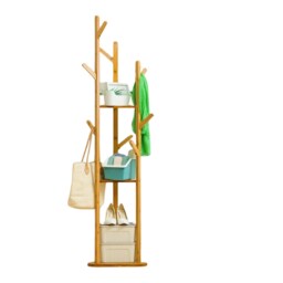 Wooden Coat Stand With 9 Hooks & 2 Shelves Brown One Size