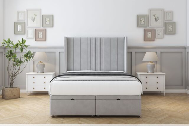 "Sloomy Hargrave Silver Plush Ottoman Bed Base With 54"" Wingback Headboard 5' King Silver Silver King 1"