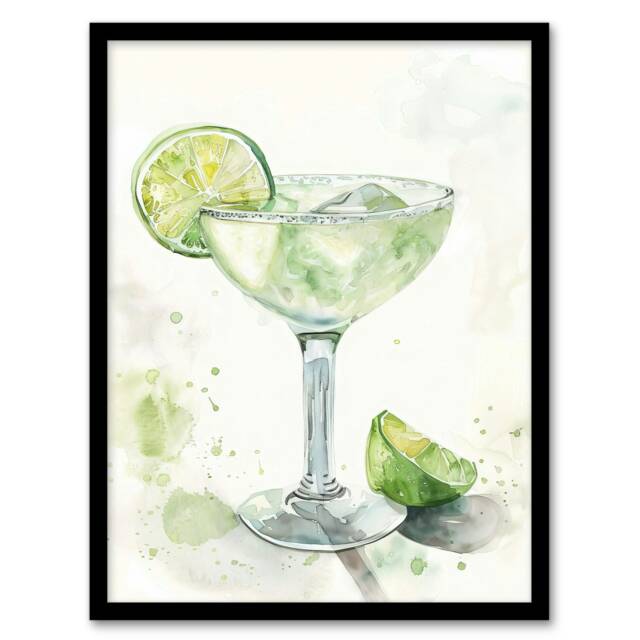 Lime Green Margarita Cocktail Modern Home Decor Black Framed Wall Art Print A4