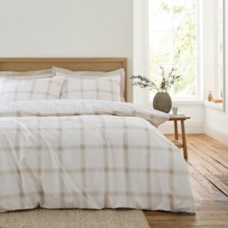 Bianca Oxton Check 200 Thread Count Cotton Reversible Duvet Cover Set Natural Cream Natural Super King