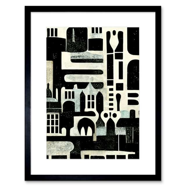 "Bold Vintage Abstract Geometric Black White 9x7"" Black Framed Wall Art Print"