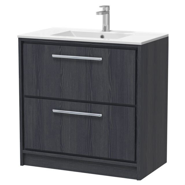Balterley Longnor 2 Drawer Floor Standing Vanity Unit with 1 Tap Hole Minimalist Basin, Woodgrain Graphite Grey, 800mm