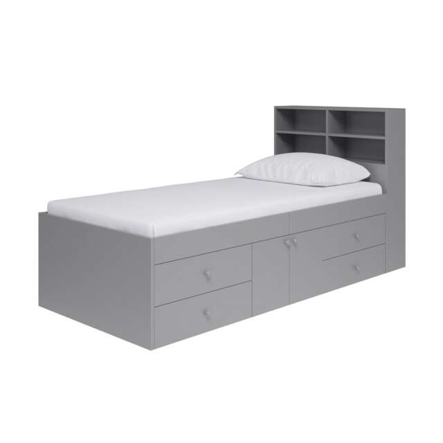 3 Feet Captainâ€™s Cabin Single Bed with Bookcase Headboard - L214 x W96 x H100 cm - Grey - Assembly Required