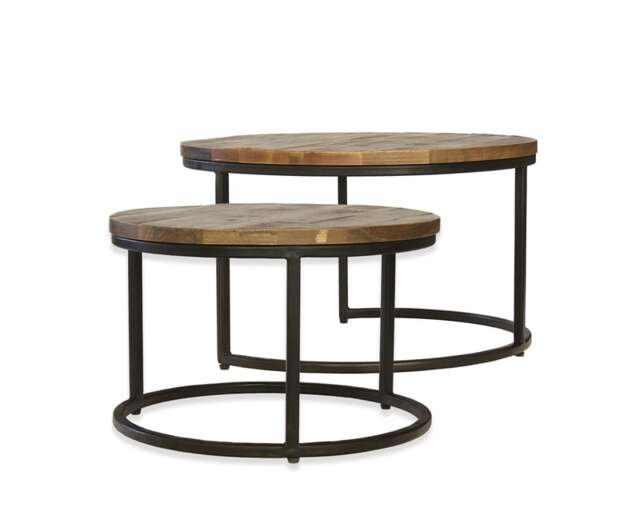 Industrial Round Stool (Set of 2) - Mango Wood/Iron - L70 x W70 x H40 cm - Mango PP Saw Finish