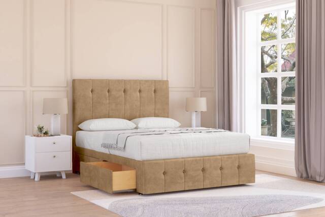 "Sloomy Cambridge Latte Dumfries Divan Bed With Mattress 2 Drawers Left Side With 26"" Strutted Headboard & 12"" Matching Footboard 6' Super King Brown Latte Super King 1"