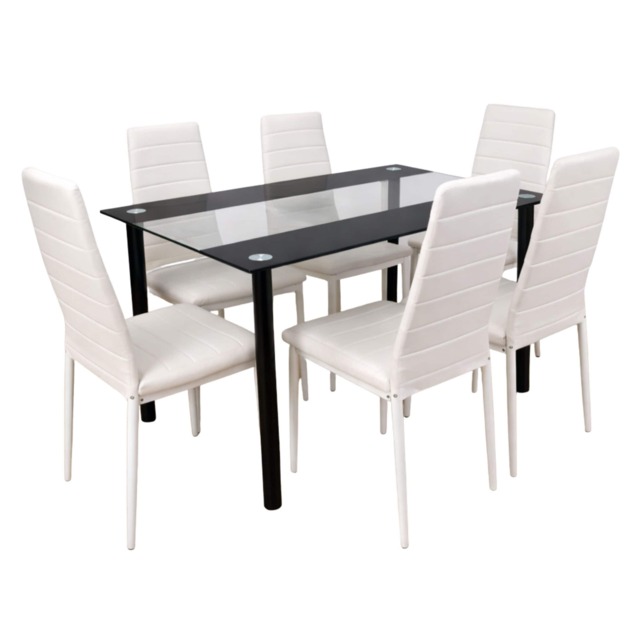Dining Table and 6 Chairs Black Clear Glass 6 Faux Leather White Chairs Dining Room Furniture