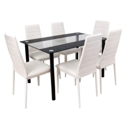 Dining Table and 6 Chairs Black Clear Glass 6 Faux Leather White Chairs Dining Room Furniture