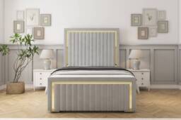 "Sloomy Boston Gold Silver Plush Bed Frame With 50"" Upholstered Headboard 4'6 Double"
