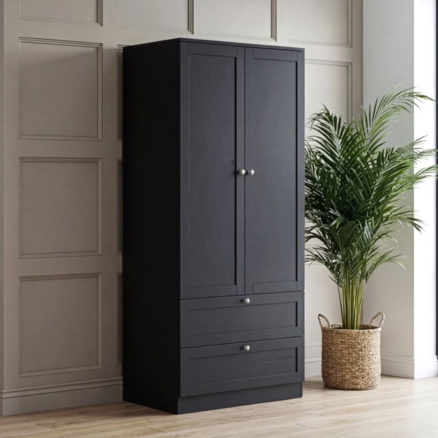 Vida Designs Altino 2 Door 2 Drawer Black Wardrobe with Hanging Rail - H: 170cm x W: 77cm x D: 53cm