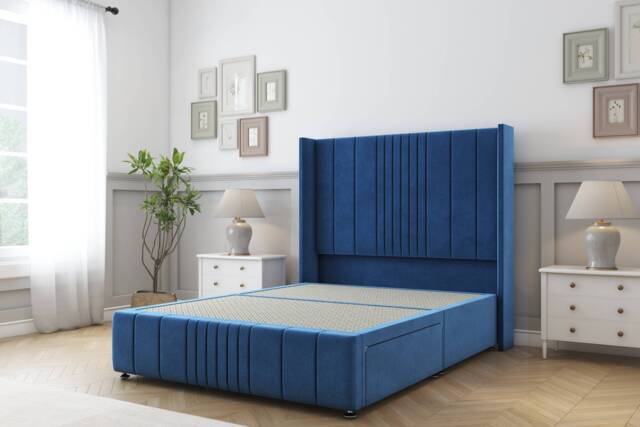 Sloomy Hargrave Navy Plush Divan Bed Base 2 Drawers Foot-End With 54 Inch Wingback Headboard & 12 Inch Matching Footboard Blue Navy Super King 1