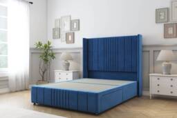 Sloomy Hargrave Navy Plush Divan Bed Base 2 Drawers Foot-End With 54 Inch Wingback Headboard & 12 Inch Matching Footboard Blue Navy Super King 1