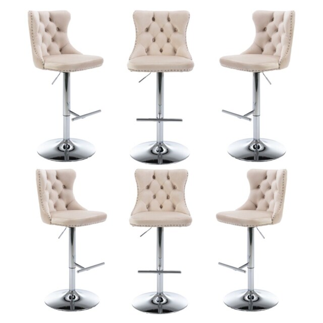 Set of 6 Modern Velvet Bar Stools with Adjustable Swivel Base