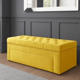 90cm Duke Ottoman Storage Box -Upholstered Blanket Box - Mustard Gold Plush Velvet Multifunctional Storage Box