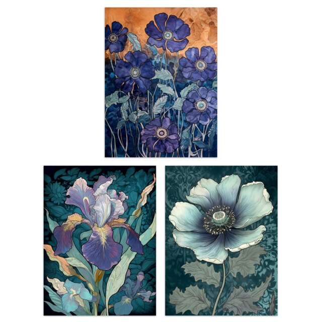 Set of 3 Blue Flower Watercolour Paintings Elegant Iris Spring Floral Wall Art Print A4