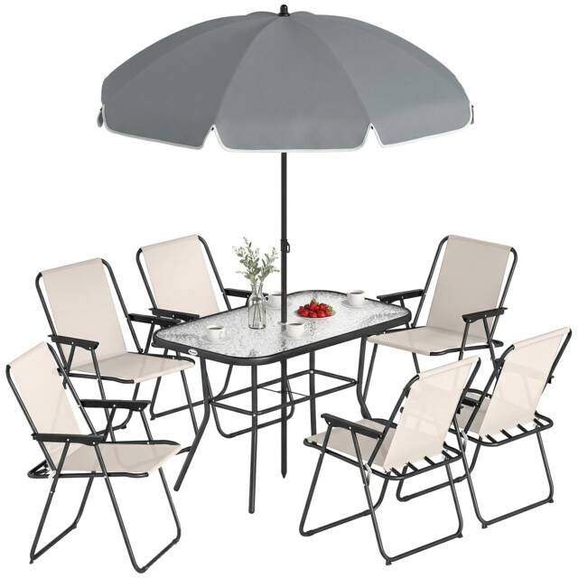 Outsunny 8 Piece Garden Dining Set with 6 Folding Chairs and Umbrella Cream Cream and Black