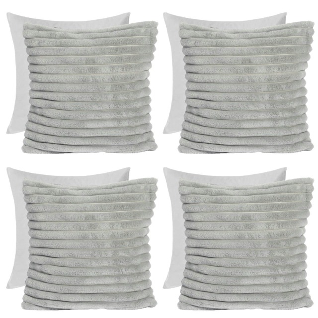 OHS 4 x Faux Fur Matte Velvet Fleece Thick Ribbed Filled Cushions, 45x45cm - Grey
