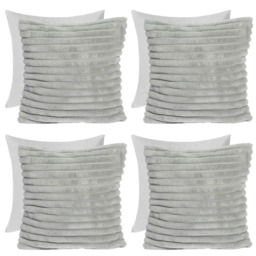 OHS 4 x Faux Fur Matte Velvet Fleece Thick Ribbed Filled Cushions, 45x45cm - Grey