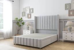 Sloomy Melbourne Silver Plush Divan Bed Base No Drawers With 54 Inch Wingback Headboard & 12 Inch Matching Footboard Silver Silver Super King 1