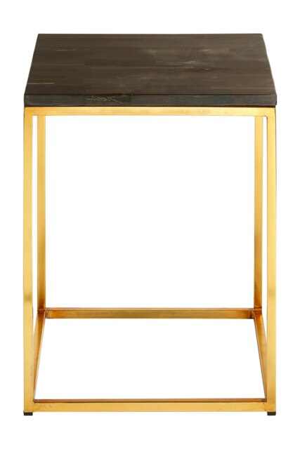 Steel Base Dark Petrified Wood Square Side Table, Wooden Top Small Bedside Table, Rustic Side Table Gold