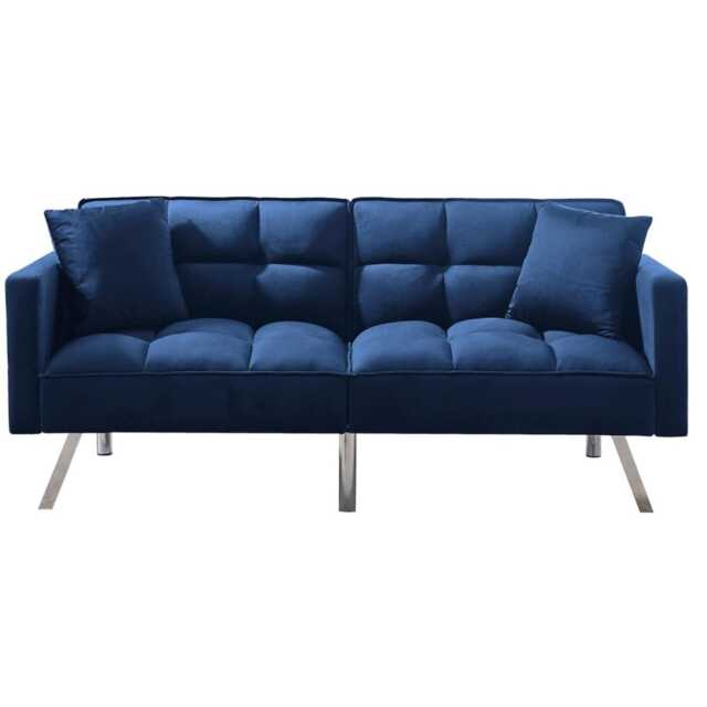 Sofa Bed 2 Seater Blue Velvet Click Clack Sofa Settee Recliner Couch with Metal Legs 2 Pillows