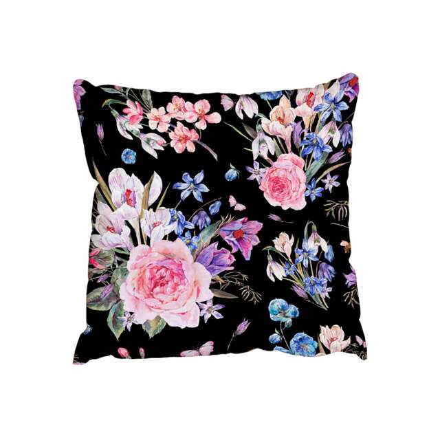 Pink roses, blue wildflowers (Outdoor Cushion)