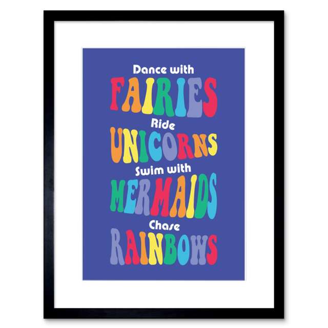 "Fairies Unicorns Mermaids Rainbows Kids 9x7"" Black Framed Wall Art Print"