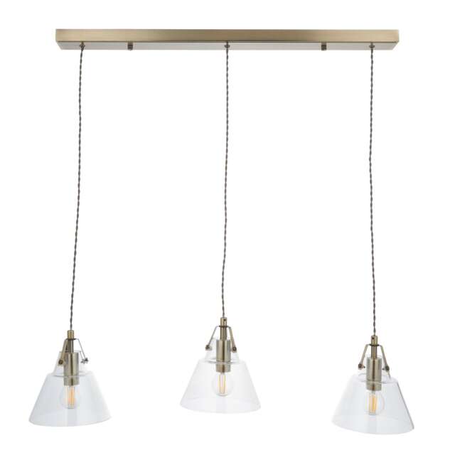 Rushcombe - Antique Brass with Glass Shades 3 Light Bar Pendant