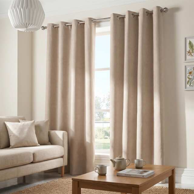Velvet Chenille Eyelet Curtains Ready Made Pair - 142cm x 137cm - Taupe
