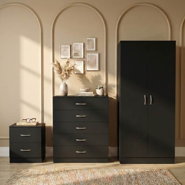 Vida Designs Riano 3 Piece Bedroom Set (2 Drawer Bedside Chest, 5 Drawer Chest, 2 Door Wardrobe) - Black