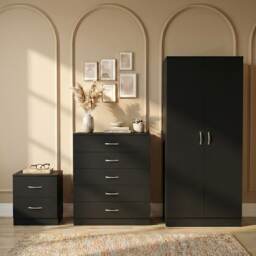 Vida Designs Riano 3 Piece Bedroom Set (2 Drawer Bedside Chest, 5 Drawer Chest, 2 Door Wardrobe) - Black