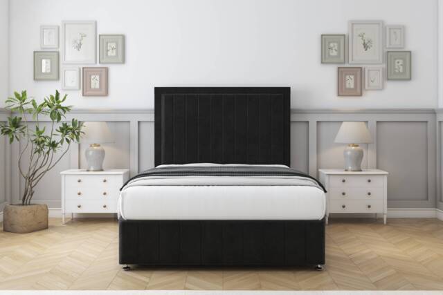 "Sloomy Pemberton Black Plush Divan Bed With Mattress 2 Drawers Right Side With 26"" Strutted Headboard & 12"" Matching Footboard 2'6 Small Single Black Black Small Single 1"