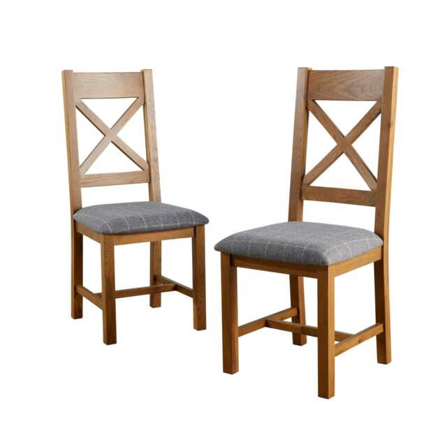 Pair Of High Backed Dining Chairs Checked Seat Solid Oak Legs Fully Assembled Grey