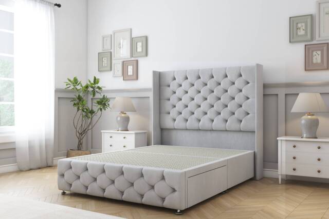 Sloomy Luthor Silver Naples Divan Bed Base No Drawers With 54 Inch Wingback Headboard & 12 Inch Matching Footboard Silver Silver King 1