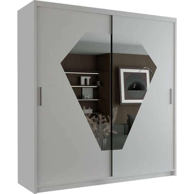 Modern Sliding Door Wardrobe with Diamond Mirror & Adjustable Storage