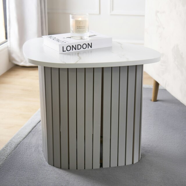 OHS Ribbed Round Oval Home Living Room Modern Decor Coffee Side End Table Grey Grey Marble