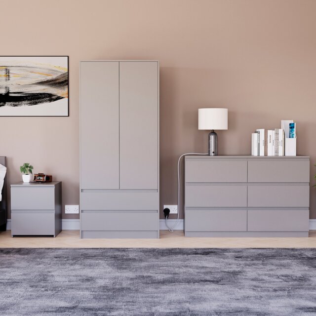Vida Designs Denver 3 Piece Bedroom Set ( 2 Drawer Bedside, 6 Drawer Chest, 2 Door Wardrobe) - Grey