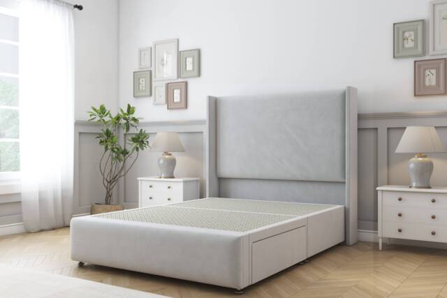 Sloomy Stratford Silver Plush Divan Bed Base 2 Drawers Foot-End With 54 Inch Wingback Headboard & 12 Inch Matching Footboard Silver Silver Double 1
