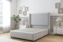 Sloomy Stratford Silver Plush Divan Bed Base 2 Drawers Foot-End With 54 Inch Wingback Headboard & 12 Inch Matching Footboard Silver Silver Double 1